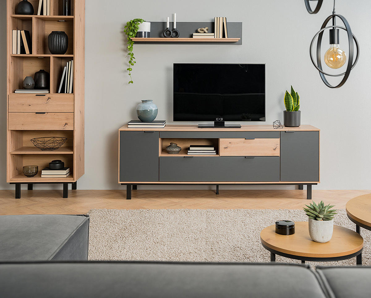 TV-LOWBOARD - Graphit / Eiche Artisan Dekor - Eichefarben/Schwarz, Holzwerkstoff/Metall (180/63/44cm) - home24