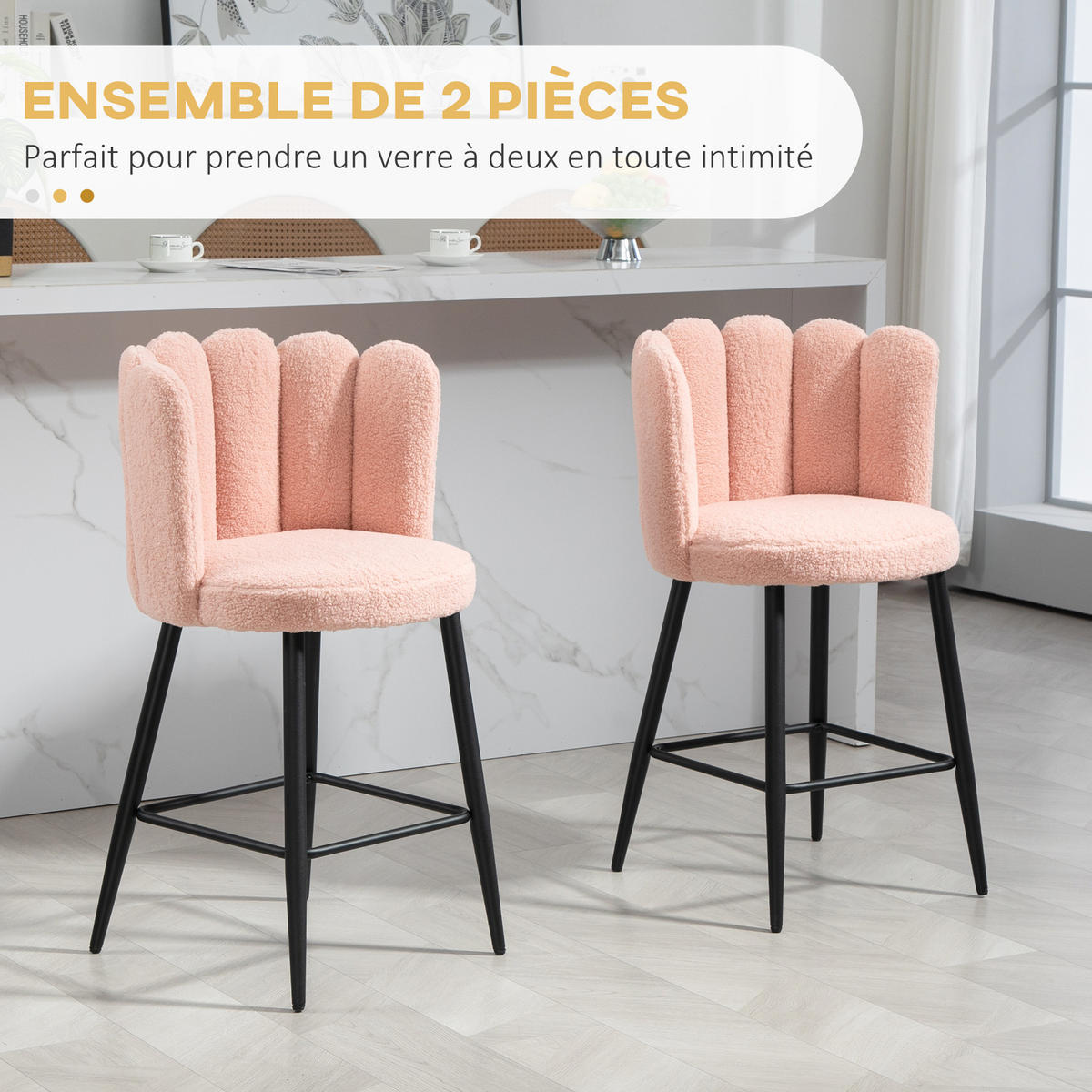 BARHOCKER 2er-Set DE-14780 gepolstert mit Boucle-Bezug & Fußstütze Rosa - Pink, Metall (52/93/53cm) - ComfortXL