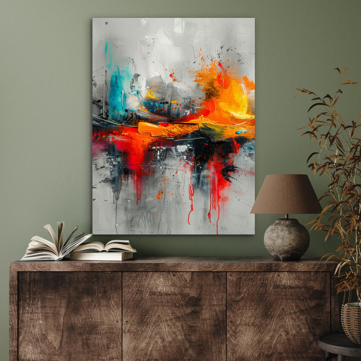 KOVOVÝ OBRAZ Moderné umenie - Oranžová - Sivá - Abstraktné 60x80 cm - svetlosivá, kov (60/80cm) - MuchoWow