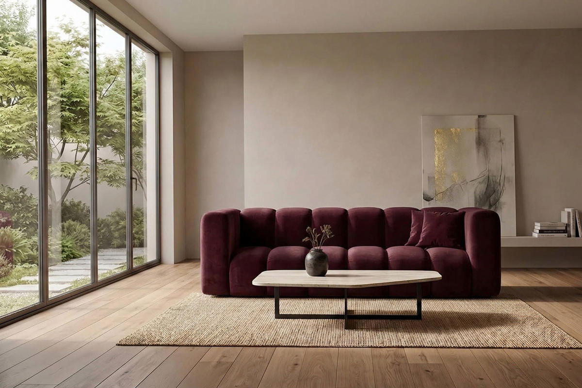 SOFA 3-Sitzer Modulares, Velvet-Stoff Riviera, Rotwein, GRAND - Dunkelrot, Holz (230/70/89cm) - Kaiser Möbel