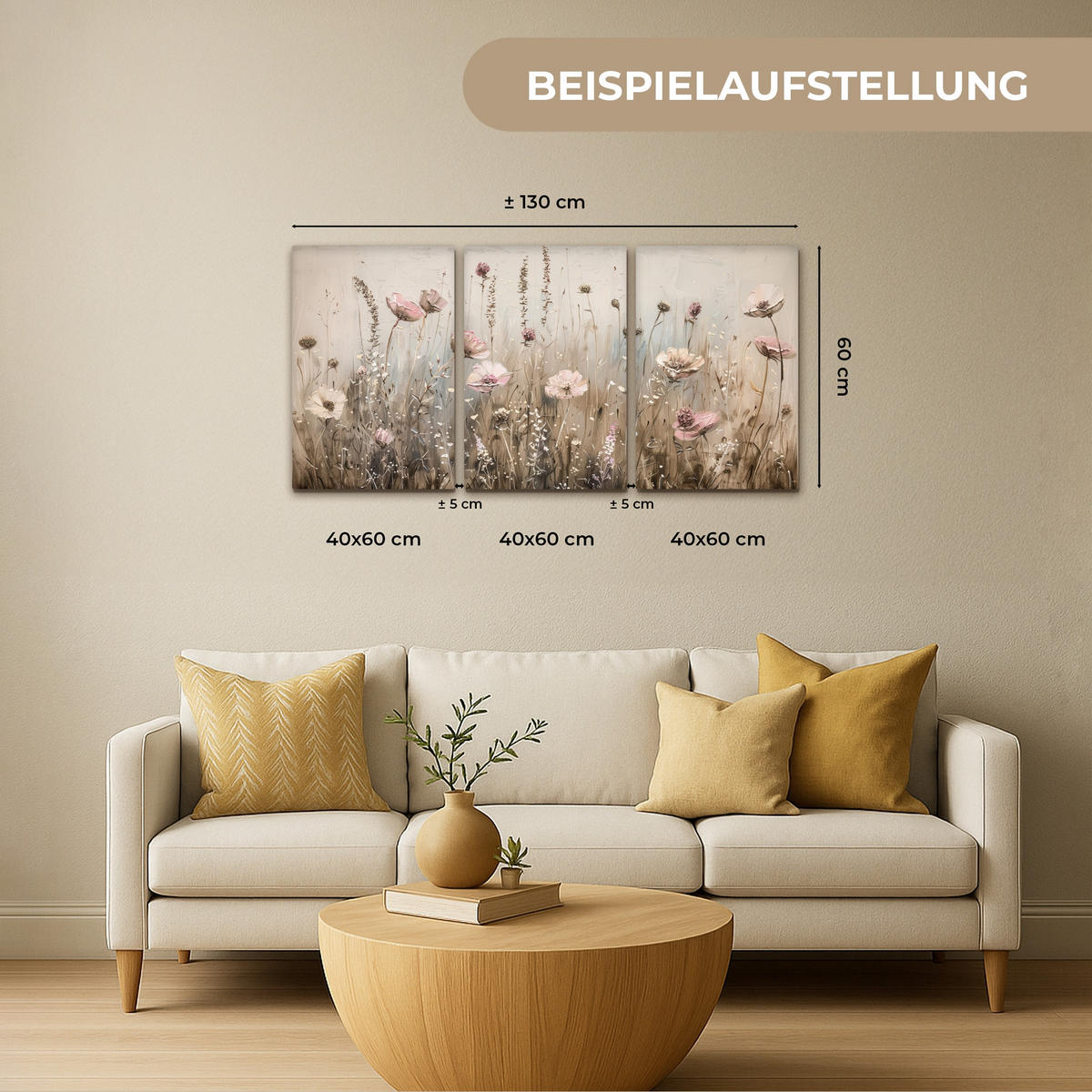 LEINWANDBILD 3er Set Blumen - Beige - Modern - Rosa 120x60 cm - Ecru, Textil (120/60cm) - MuchoWow