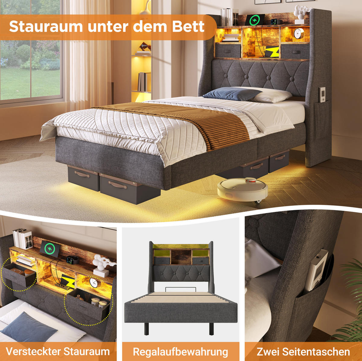 POLSTERBETT 140/200 cm grau aus Leinen mit LED, Stauraum und Matratze - Grau, Textil (140/200cm) - OKWISH