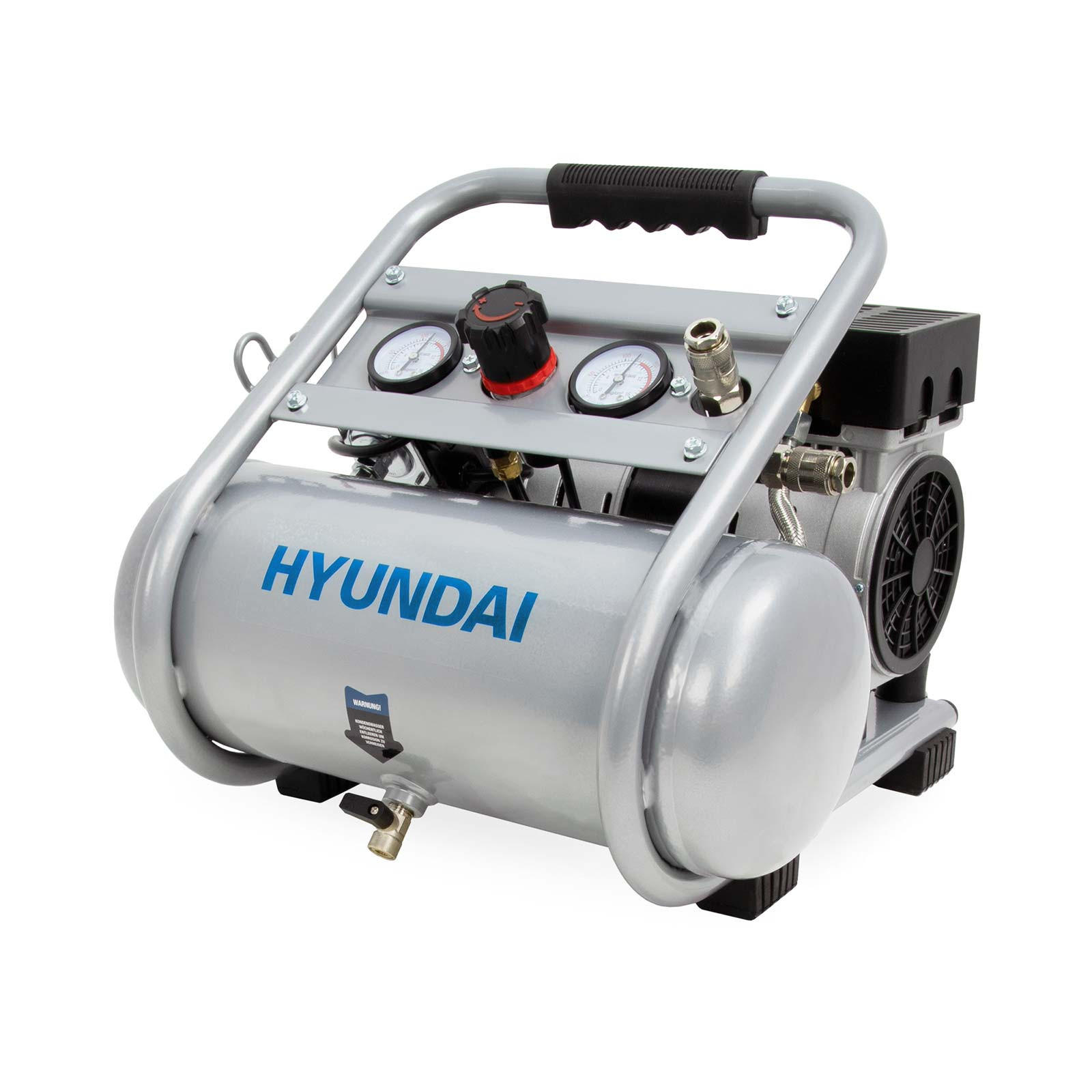 SILENT Kompressor SAC75008 (9 bar, 8L, tragbar, ÖLFREI, 49 dB, 750 W / 1 PS) - Silberfarben, Metall (41/41/35cm) - HYUNDAI