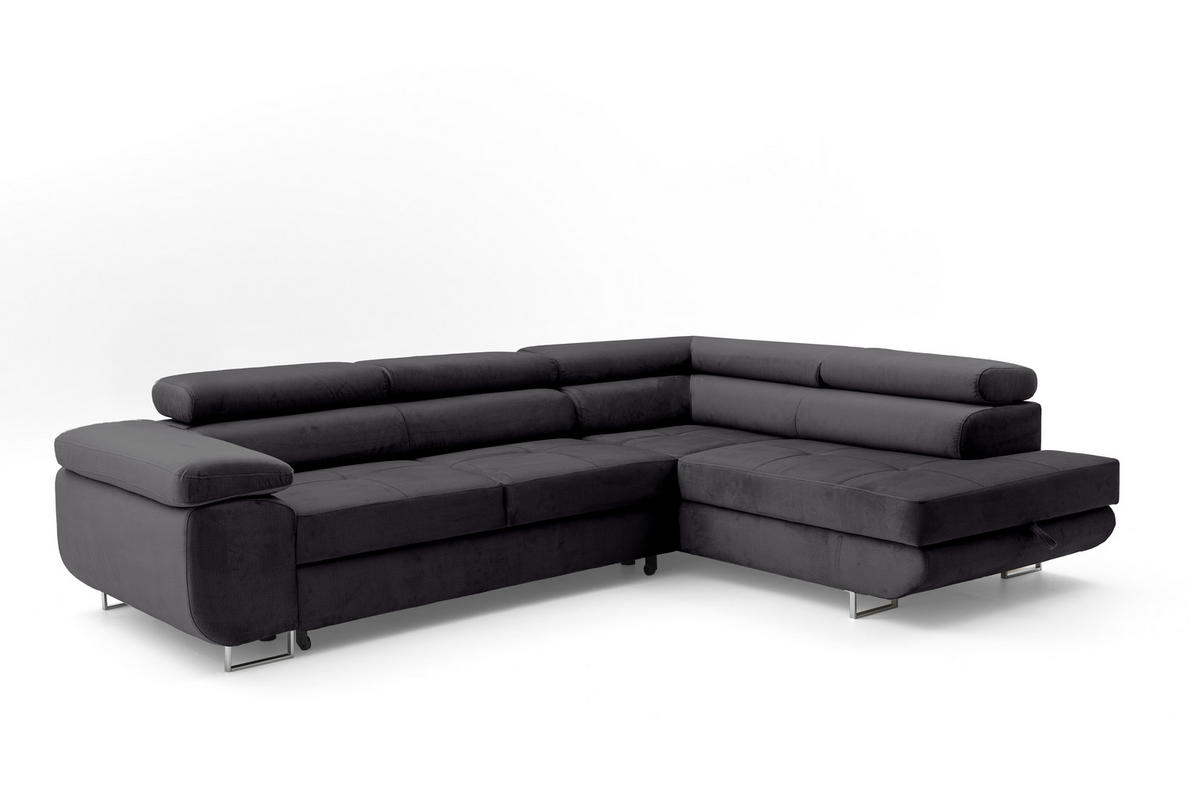 ECKSOFA WILD L Rechts mit Schlaffunktion 127x195 Velours Dunkelgrau - Chromfarben/Dunkelgrau, Holz/Textil (274/203cm) - Muffo