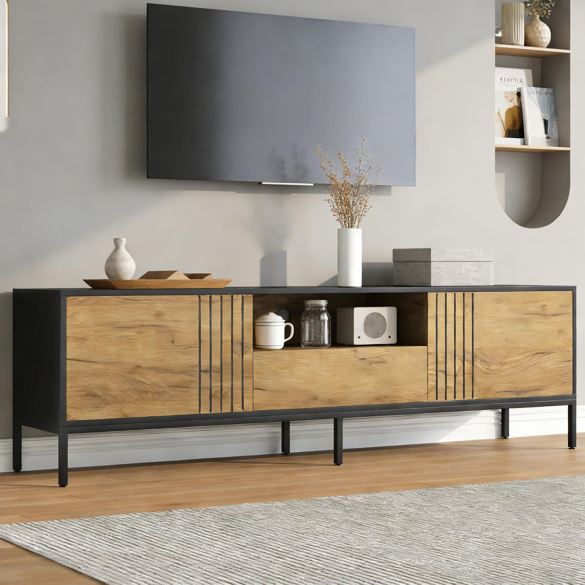 LOWBOARD TV Sideboard 170/35/50 cm mit Doppeltüren, Schublade und offenen Fächern, Spanplatte 45kg Tragkraft modern - Schwarz/Naturfarben, Holzwerkstoff/Metall (170/50/35cm) - EVRYAE