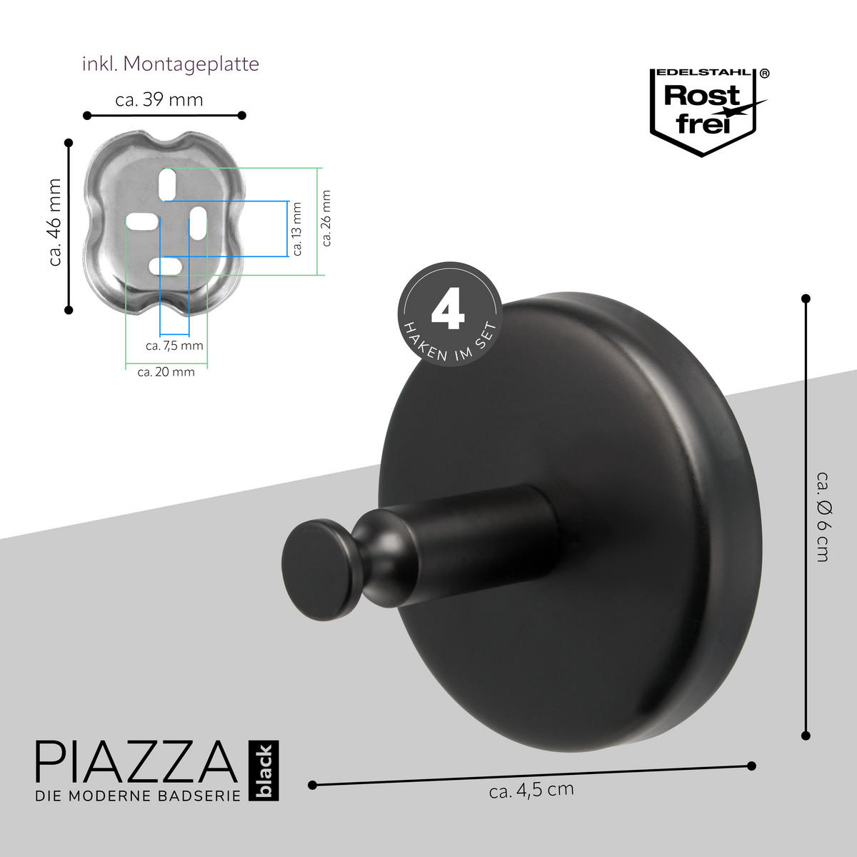 HANDTUCHHAKEN PIAZZA BLACK 4er-Set, schwarz, inkl. Klebeset - Schwarz, Metall (6/6/4.5cm) - bremermann