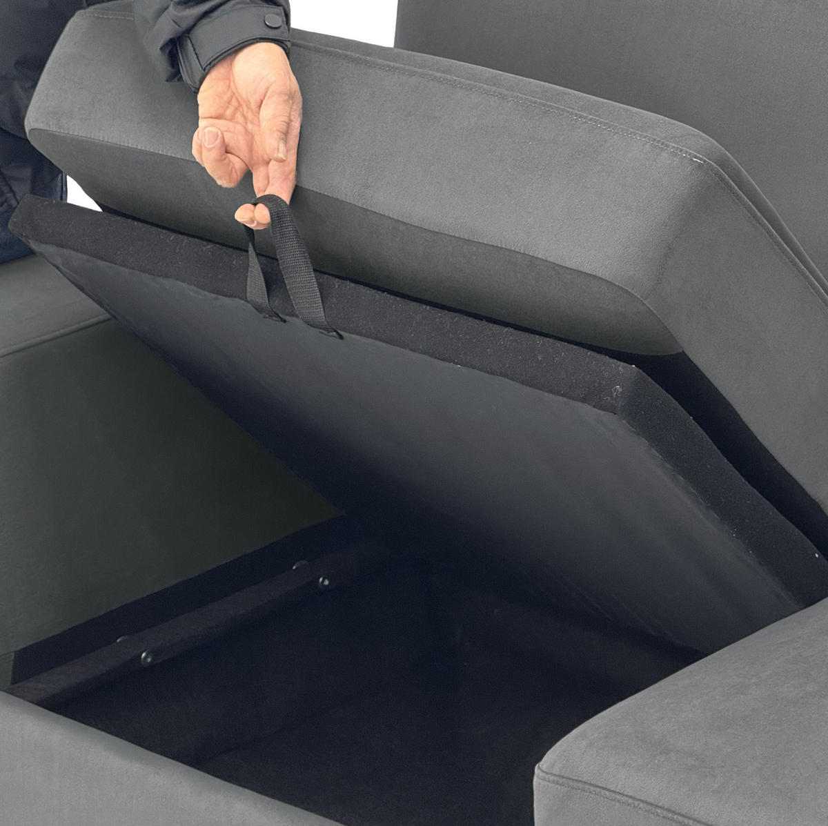 ECKSOFA 245,5/150,5/86,5 cm grau aus Kurzflorstoff mit 4 Staufächern - Grau, Kunststoff (245.5/150.5cm) - OKWISH