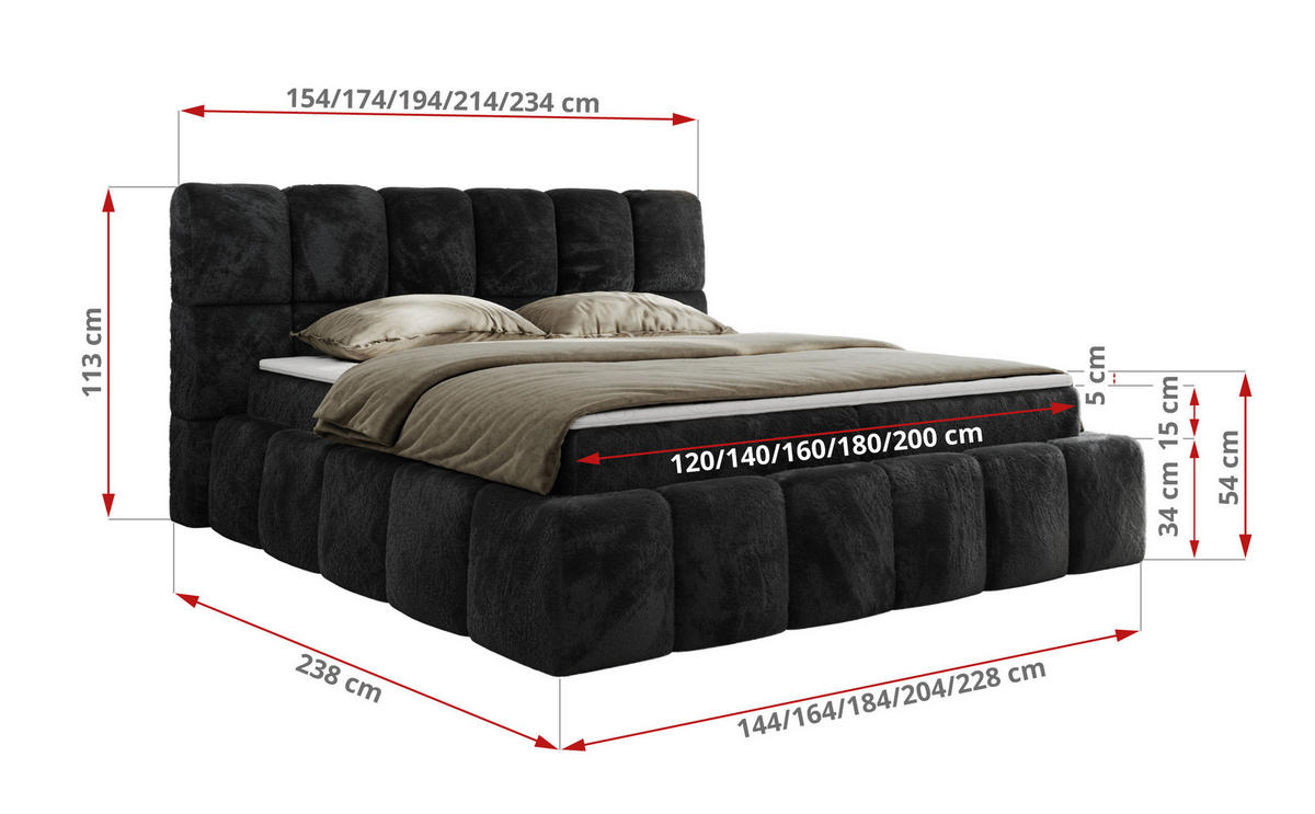 BOXBETT NIRA 120/200 - Dunkelgrau Plüsch - H3 - Dunkelgrau, Holz/Textil (120/200cm) - MKS