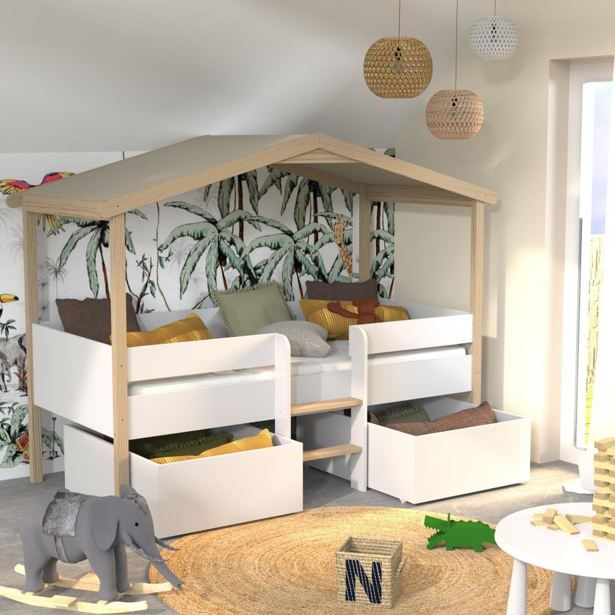 HAUSBETT PILOTI / SPIELBETT 90x190 +2 SCHUBLADEN - Weiß und naturholz - Multicolor, Holz (90/190cm) - Weber Industries