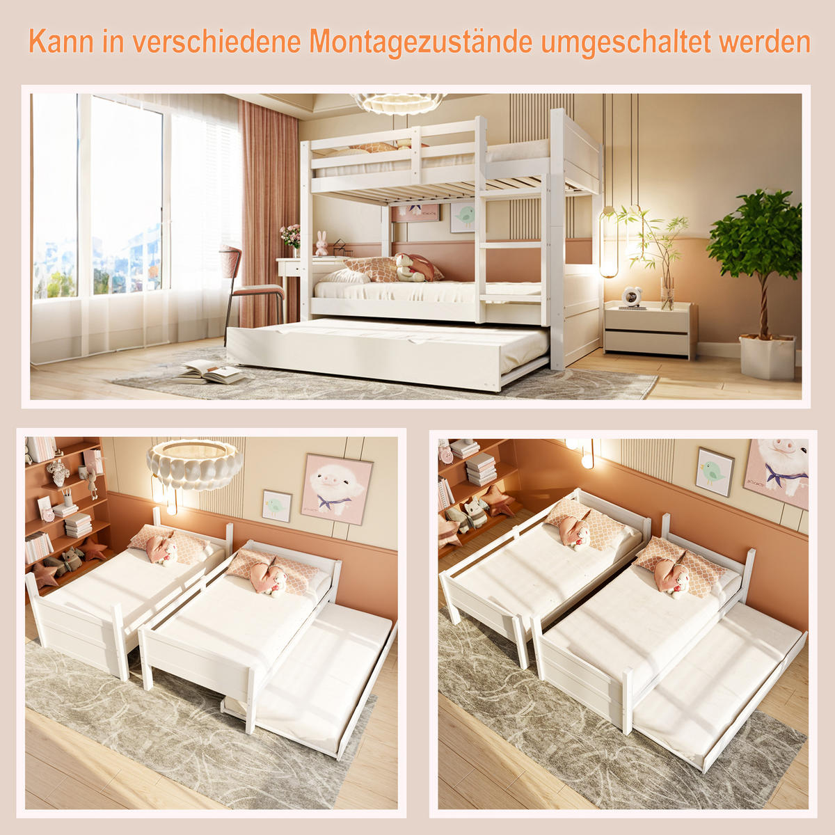 ETAGENBETT 90/200 cm in Weiß mit Ausziehbett, Leiter und Sicherheitsgeländer - Weiß, Holz/Holzwerkstoff (90/200cm) - WISHDOR