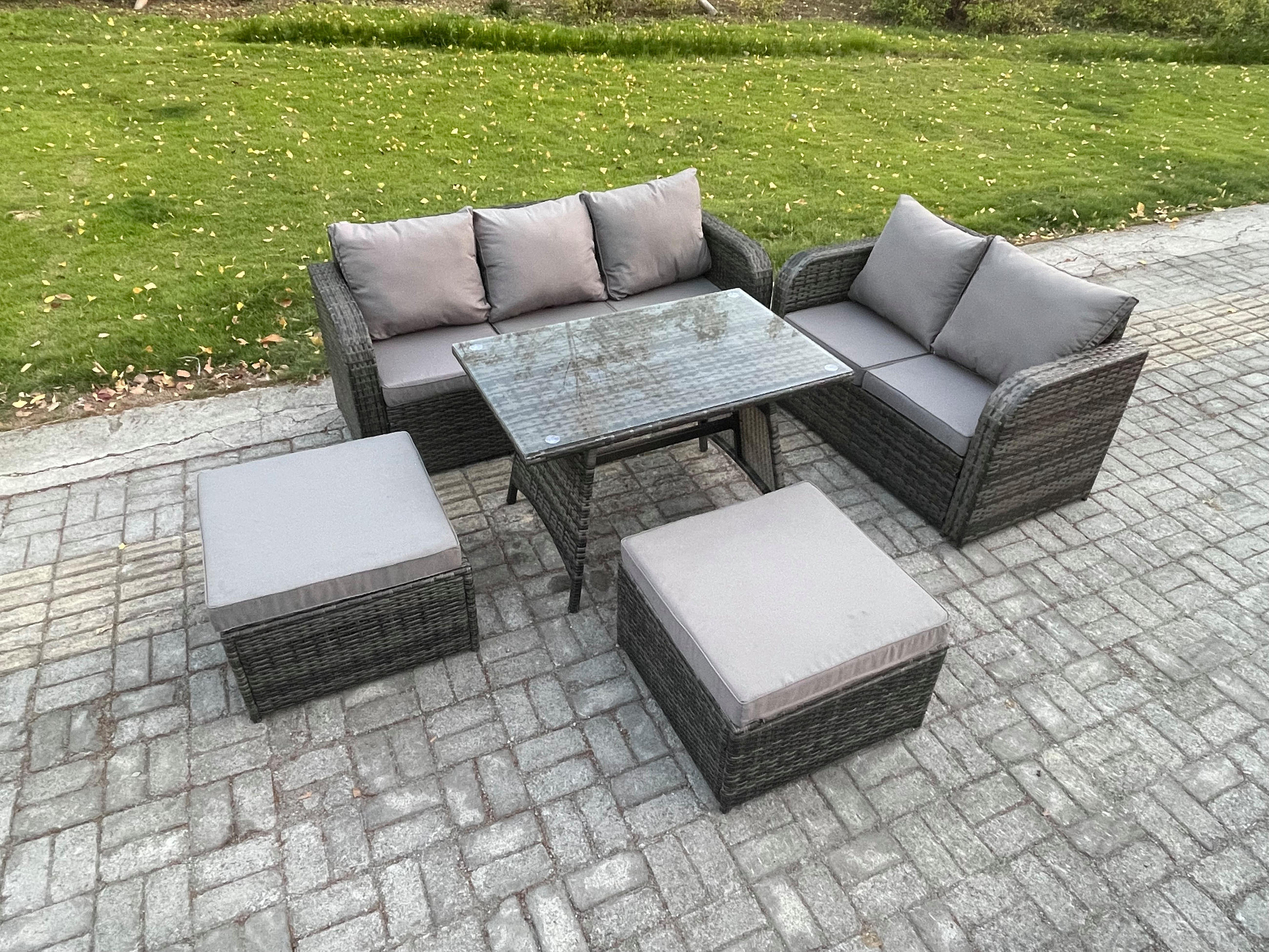 GARTENMÖBEL SET Polyrattan Dunkelgrau 7-Sitzer - Dunkelgrau/Grau, Glas/Kunststoff - Fimous
