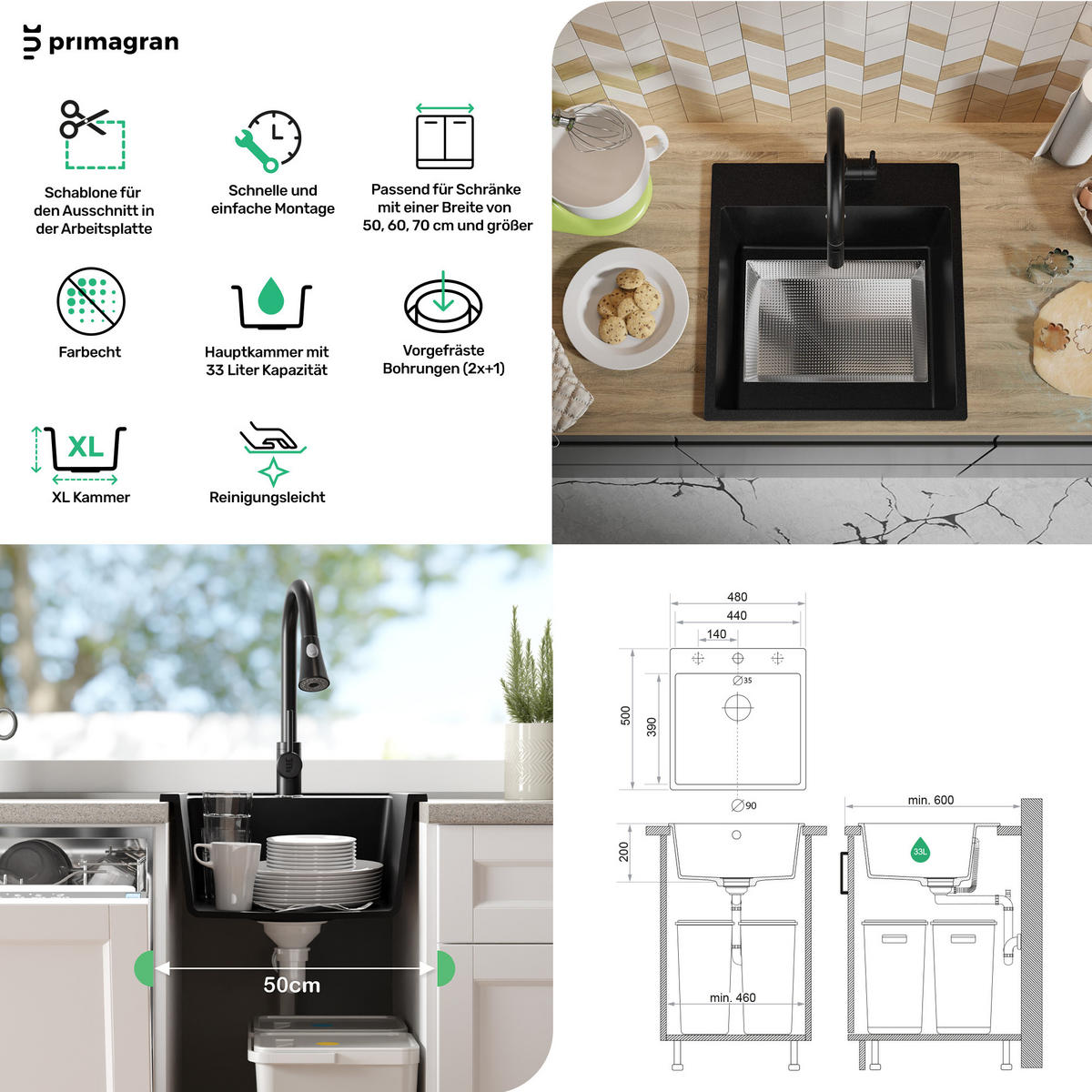 SPÜLBECKEN Riga, 2-er set Grau 48/50 cm 1 Becken + Ablauf-Set ab 50er Unterschrank - Chromfarben/Grau, Kunststoff (48/20/50cm) - Primagran