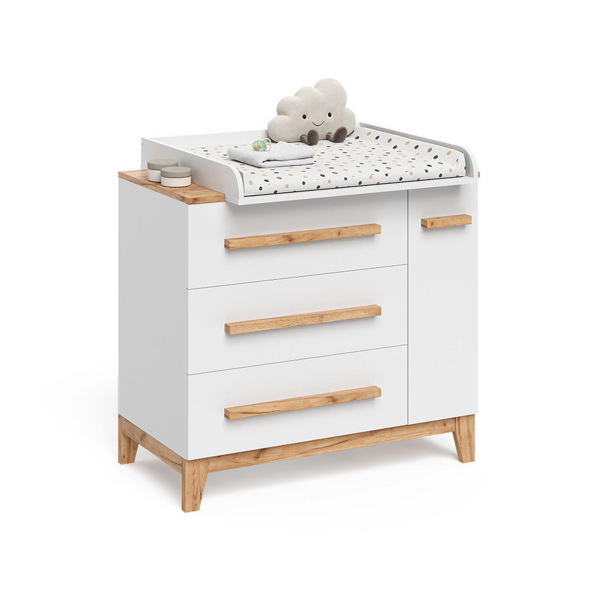 KOMODOVÝ PŘEBALOVACÍ STŮL Malia Bílá 98 x 98 cm s 1 dveřmi a 3 zásuvkami - bílá/světle šedá, kompozitní dřevo (98/98/52cm) - VitaliSpa