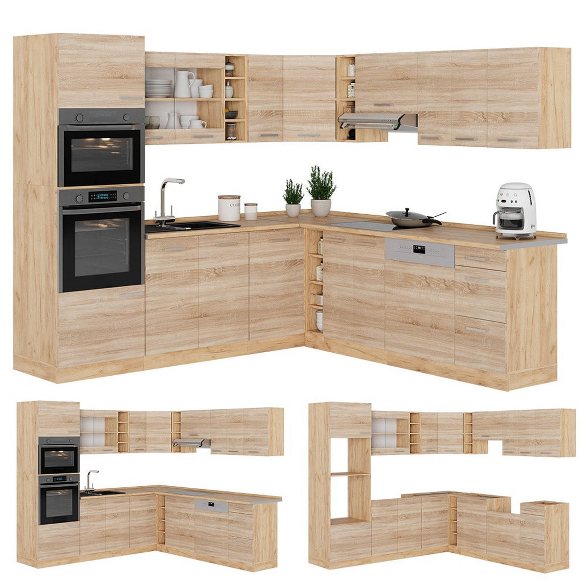 ECKKÜCHE R-Line, Sonoma/Goldkraft Eiche, 247 x 237 cm ohne Arbeitsplatte - Honigeiche/Sonoma Eiche, Holzwerkstoff (247/206.8/46cm) - Vicco