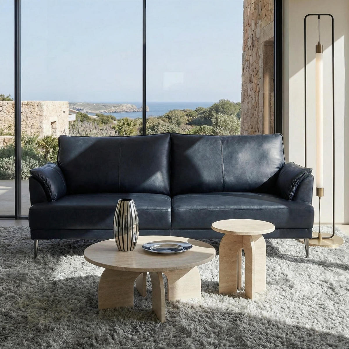 DREISITZER-SOFA Echtleder Schwarz - Schwarz, Leder/Metall (195/88/90cm) - Furnhouse