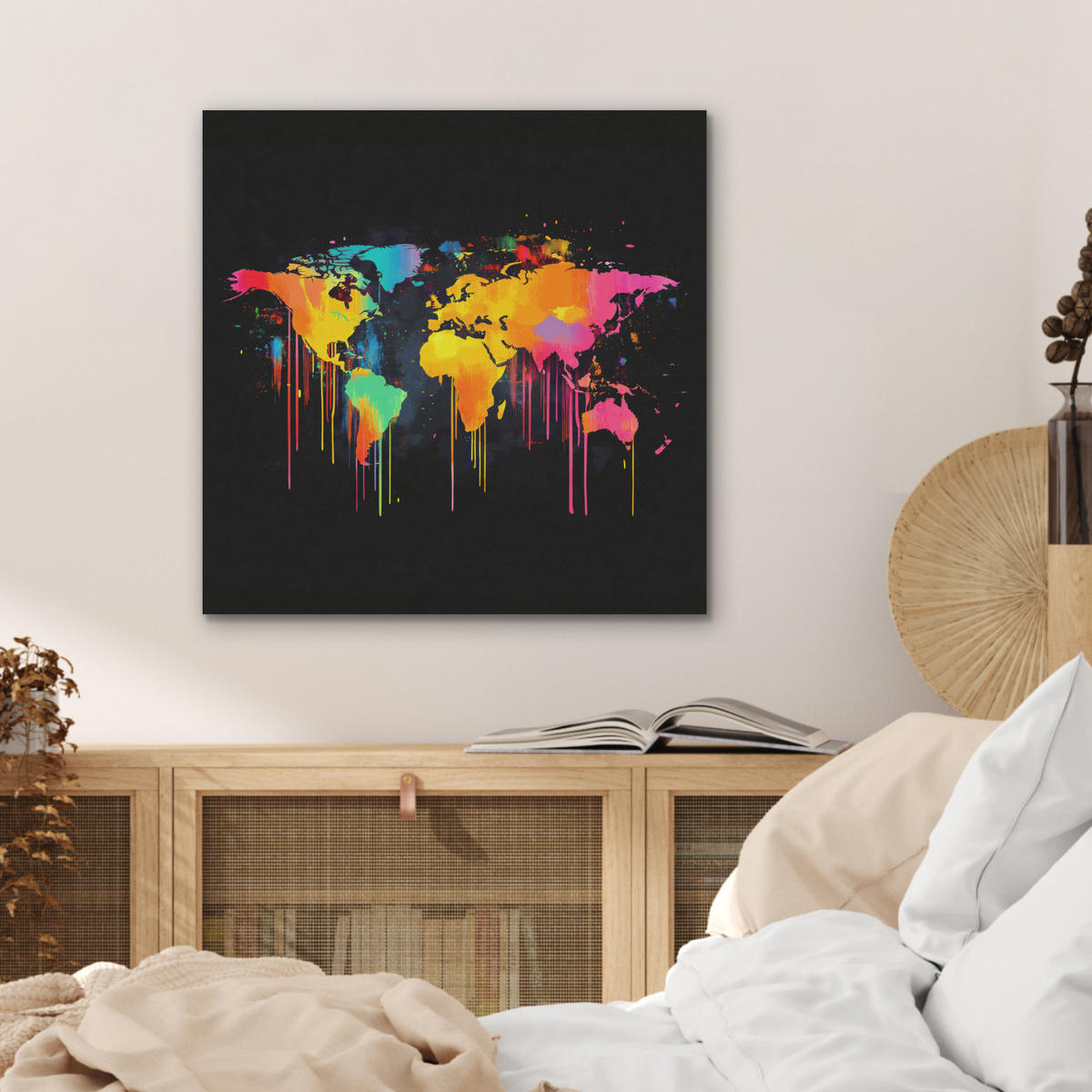 AKUSTIKBILD Weltkarte - Farbe - Bunt - Graffiti - Welt Wandbilder 60x60 cm - Multicolor, Kunststoff (60/60/0.9cm) - MuchoWow