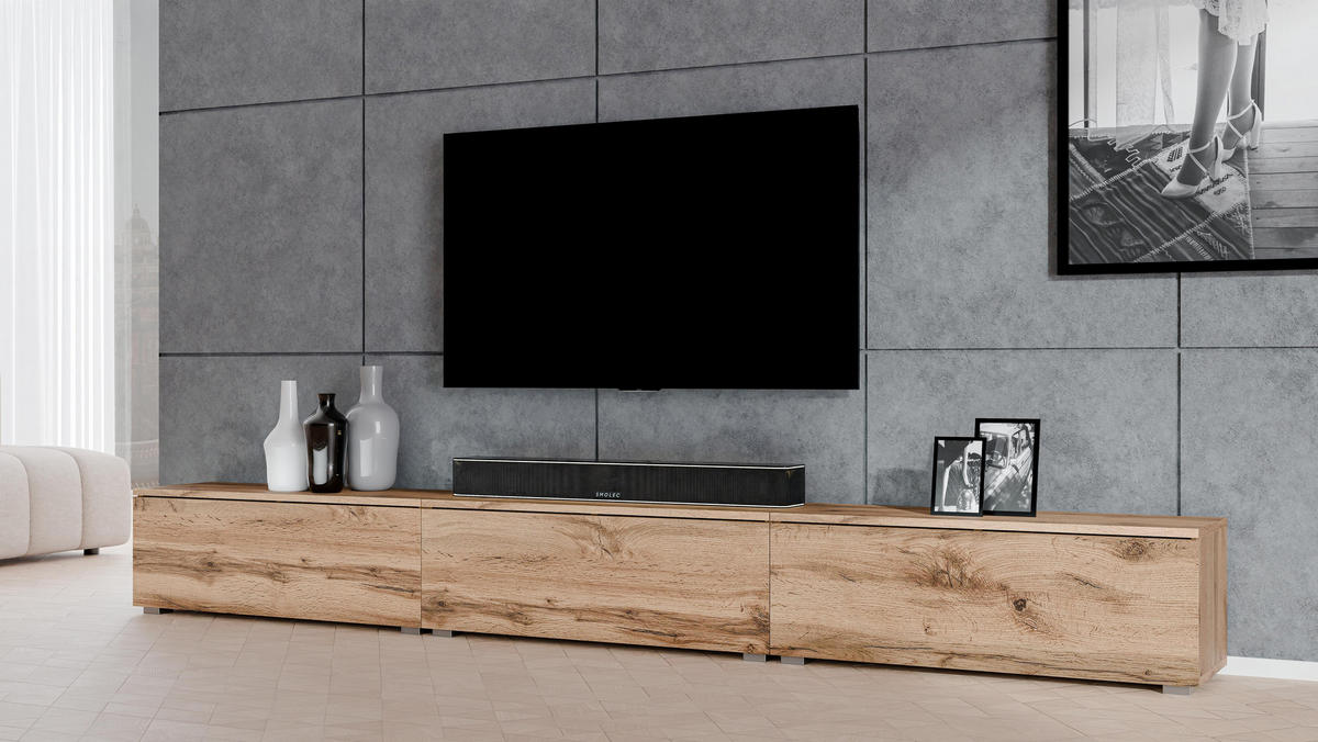 LOWBOARD Loriano 3x100 Eiche Wotan 300/36,5/32 cm – Hängend und Stehend - Braun, Holzwerkstoff/Kunststoff (300/36.5/32cm) - AX Living