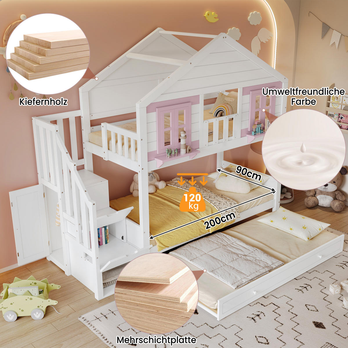 HOCHBETT 90x200 cm Ausziehbett rosa - Weiß, Holz (90/200cm) - LEBENLANG