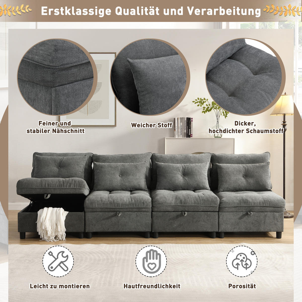 ECKSOFA 274/76/87 cm Antikgrau mit Stauraum - Dunkelgrau, Textil (274/76cm) - Oxeza