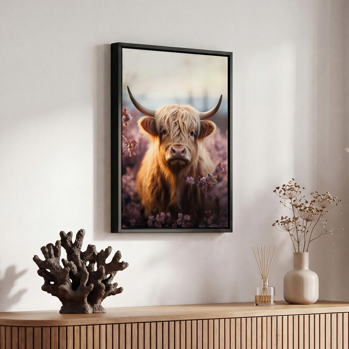 LEINWAND Bilder mit Rahmen - Schottischer Hochländer - Frühling - Hochland - 20x30 - Hellrosa, Textil (20/30cm) - MuchoWow