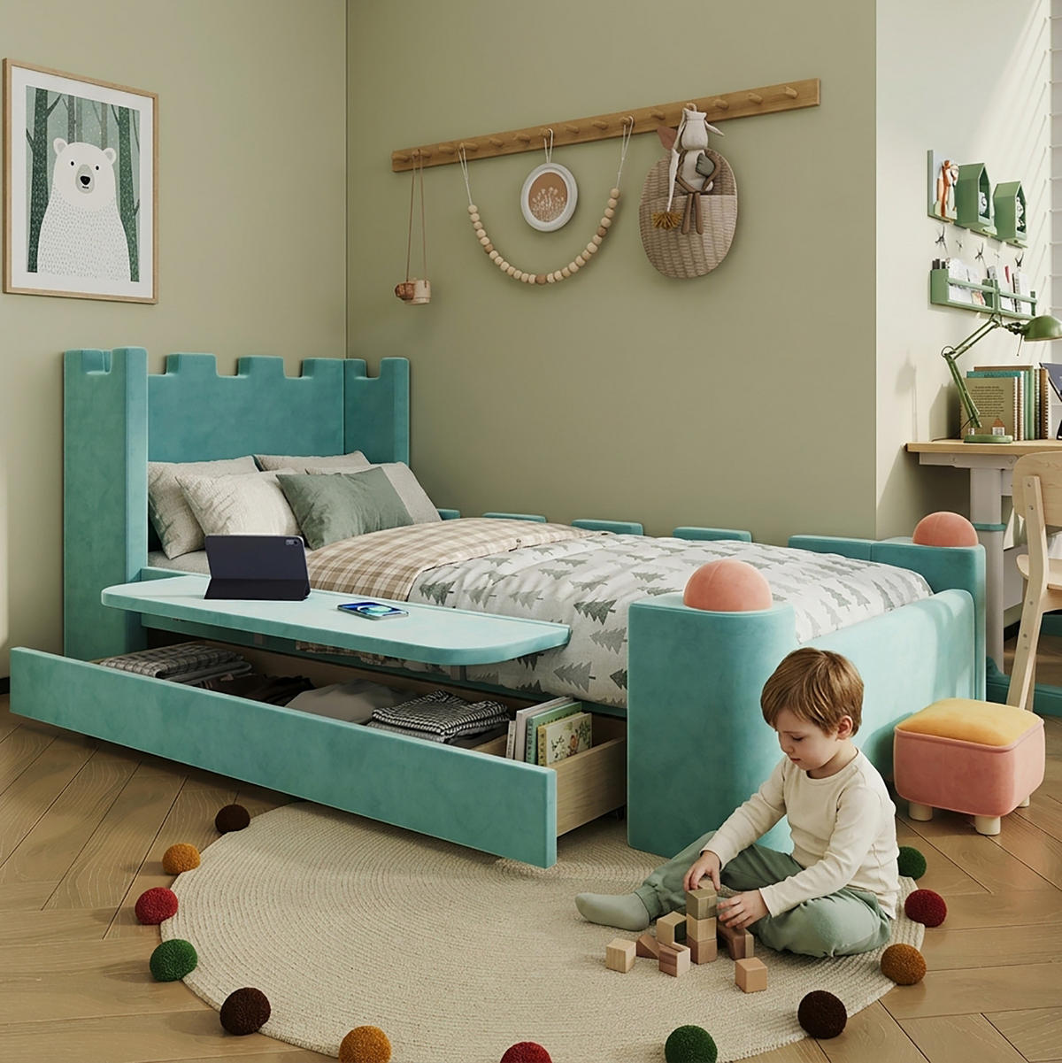 BETT90X200 cm in Blaugrün mit Stauraum-Schublade und Ablage - Blau, Holz (90/200cm) - Flora Grace