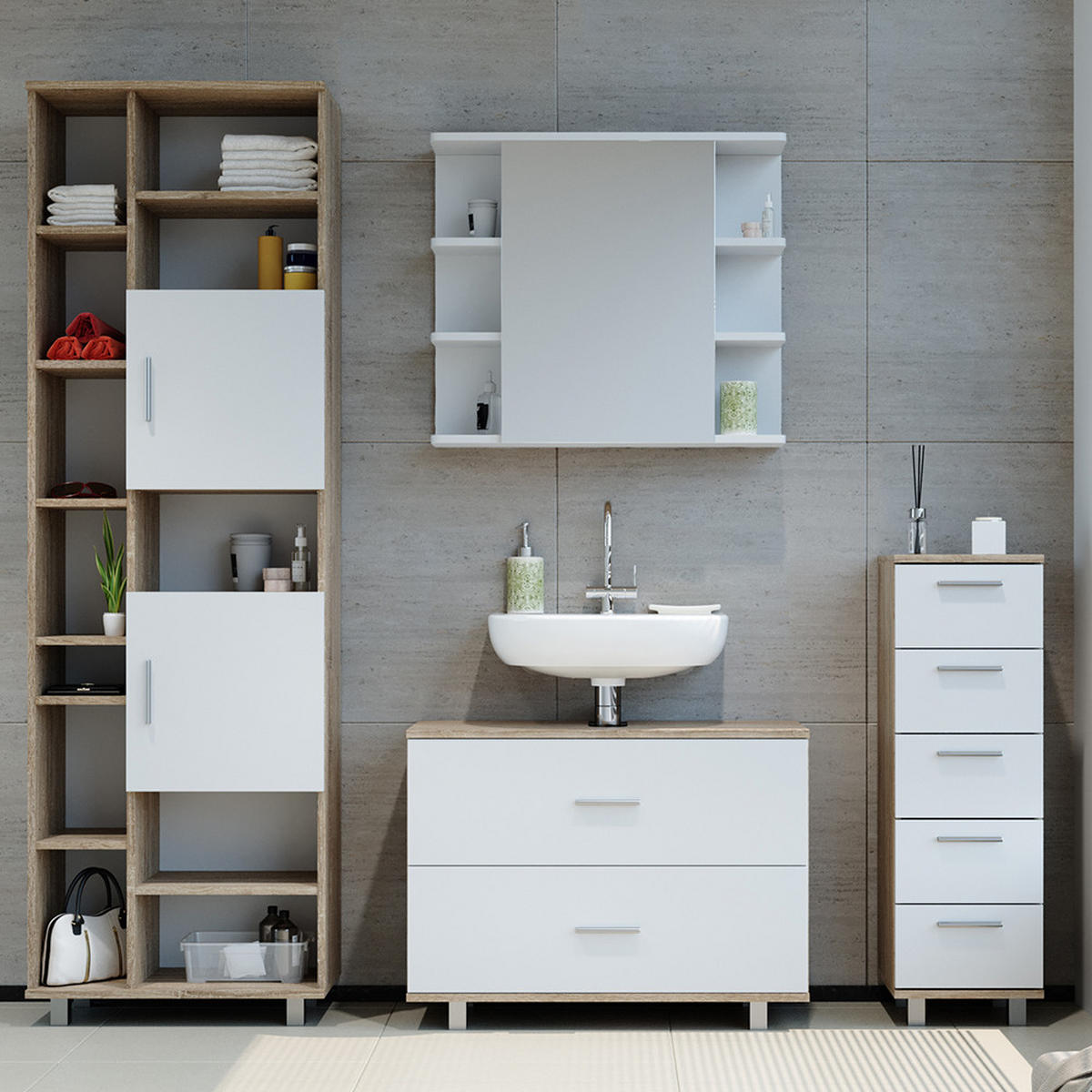BADMÖBEL-SET Ilias Weiß/Sonoma 4 Teile, mit Hochschrank - Weiß/Sonoma Eiche, Holzwerkstoff (80.2/60.8/33cm) - Vicco