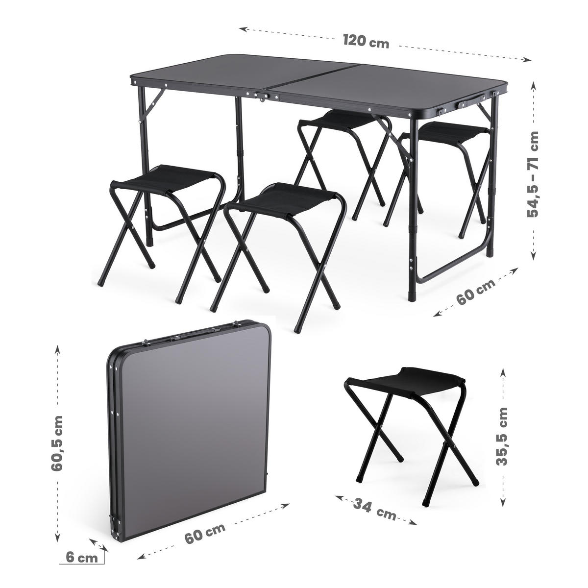 GARTENSET Tisch und 4 Stühlen, 120/60 cm, Höhenverstellbar - Schwarz, Metall - Outtec