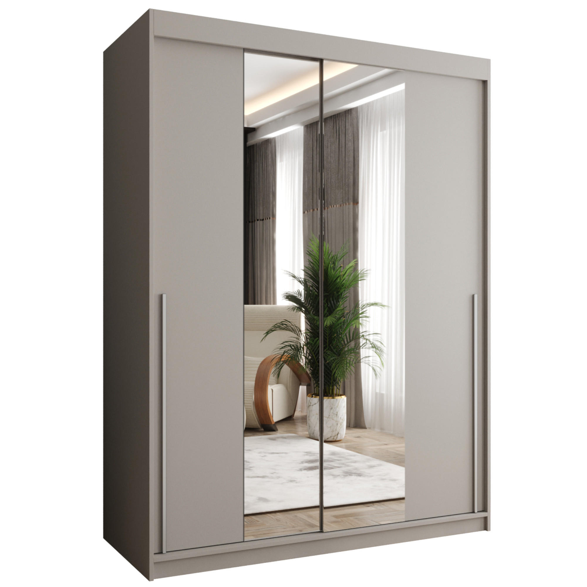 SCHIEBETÜRENSCHRANK mit Spiegel 150 cm Breite Kaschmir mit silbernem Griff - Kaschmir/Silberfarben, Holzwerkstoff (150/200/62cm) - Home Collective