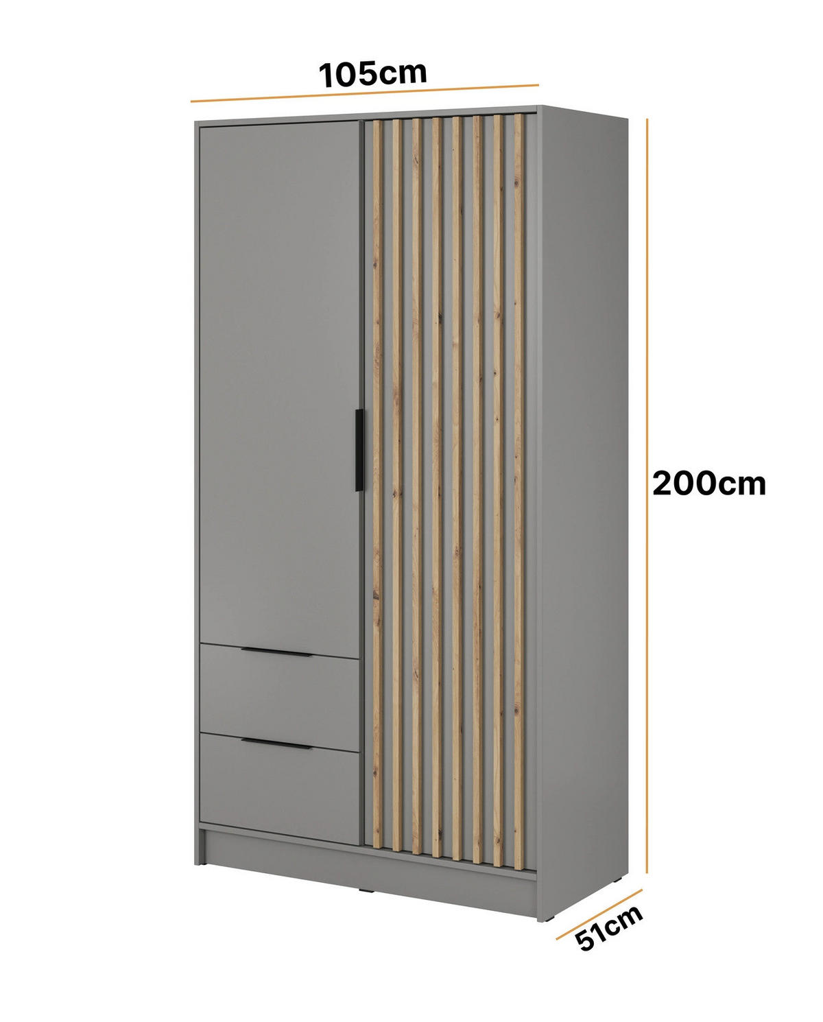KLEIDERSCHRANK Stilo in Grau, zweitürig, mit Spiegel und Lamellen an der Vorderseite - Schwarz/Eiche Artisan, Holzwerkstoff/Kunststoff (105/200/51cm) - Ravio