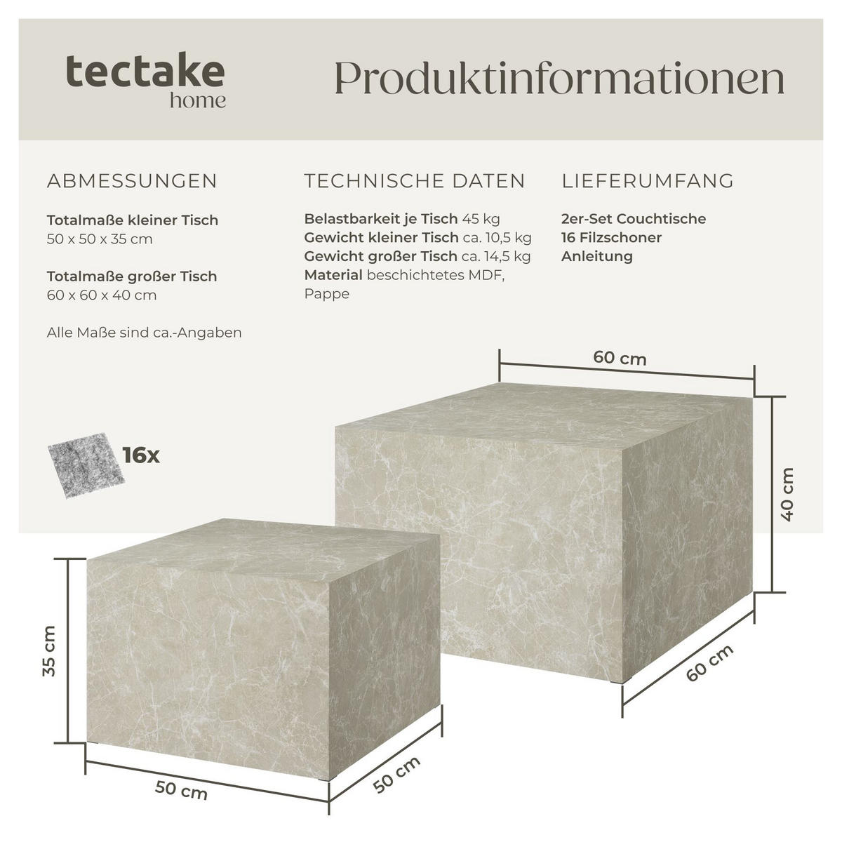 COUCHTISCH 2er Set Lacey, inkl. Filzschoner, Belastbarkeit 45 kg, Travertin Optik - Beige, Holz (60/60/40cm) - tectake
