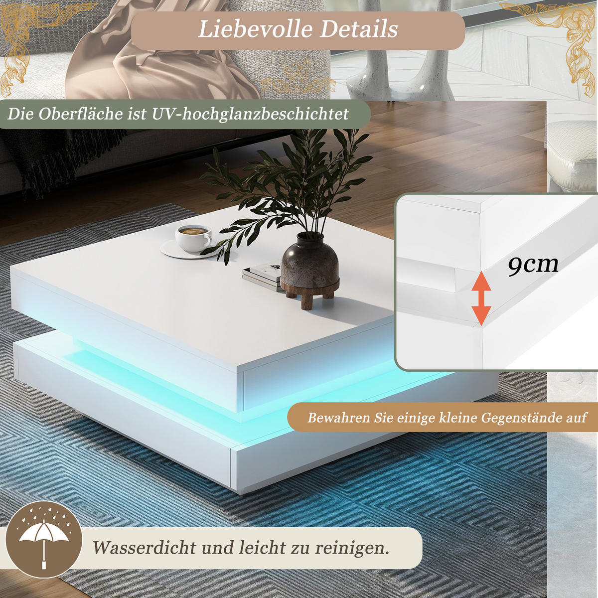 COUCHTISCH aus Spanplatte 70x70x36 cm in Weiß mit LED-Beleuchtung & Drehplatte - Weiß, Holzwerkstoff (70/70/36cm) - Modfu