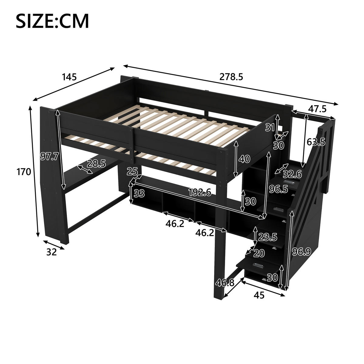 HOCHBETT 140/200 cm in Schwarz mit Schreibtisch, LED und Stauraumtreppe - Schwarz, Holz/Holzwerkstoff (140/200cm) - CHICFURN