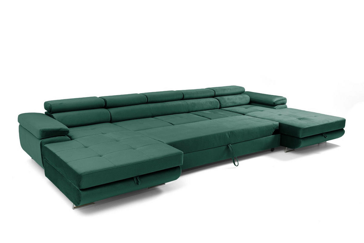 ECKSOFA U-Form ALONZO MAXI U mit Schlaffunktion 125x318 Velours Grün - Silberfarben/Grün, Holz/Textil (400/90/203cm) - Muffo