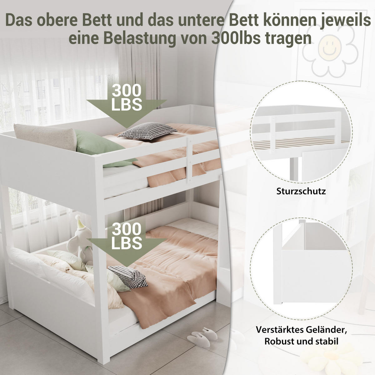 ETAGENBETT 90/200 cm weiß aus Massivholz mit Stauraumtreppe - Weiß, Holz (90/200cm) - OKWISH