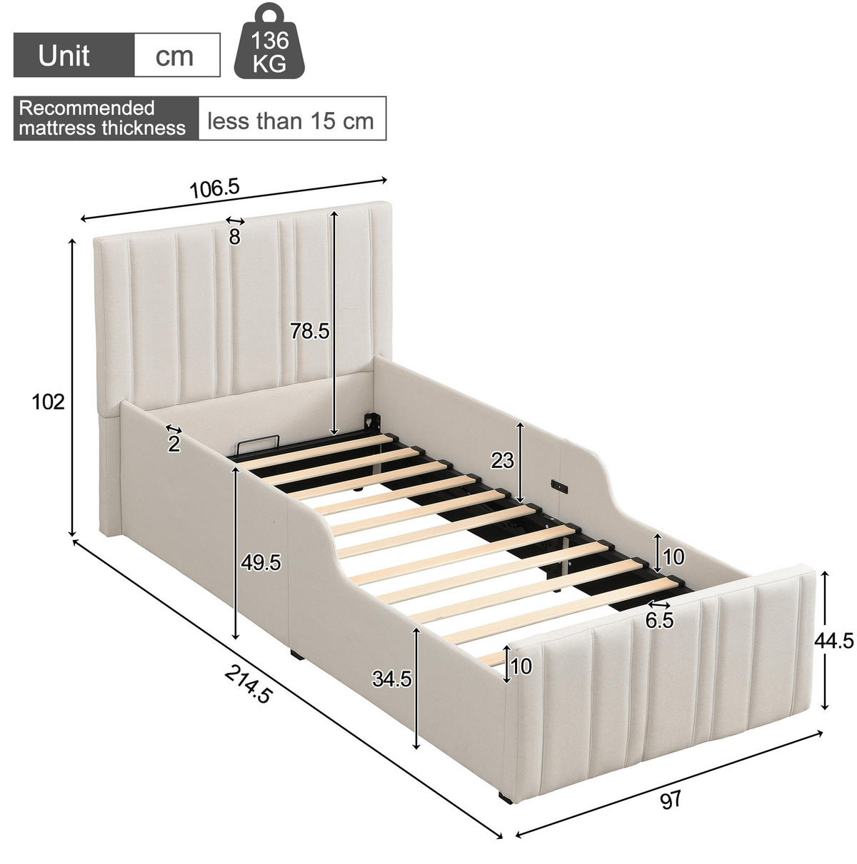 KINDERBETT 90/200 cm Beige aus Leinenstoff mit Lattenrost und Stauraum - Beige, Textil (90/200cm) - OKWISH
