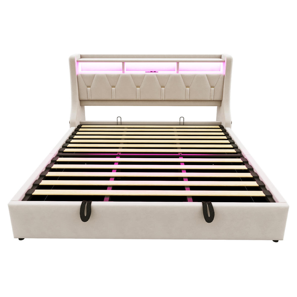 ČALÚNENÁ posteľ zo zamatového poťahu 180x200 cm béžová s LED osvetlením, USB, Type-C a úložným priestorom - béžová, textil (180/200cm) - Modfu