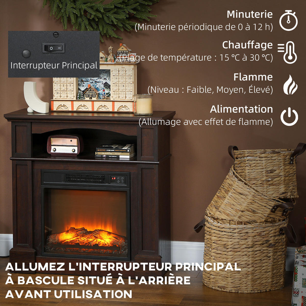 ELEKTROKAMIN DE-17057 1800 W LED-Flamme mit Fernbedienung - Braun, Metall (80.5/80.5/32.3cm) - ComfortXL