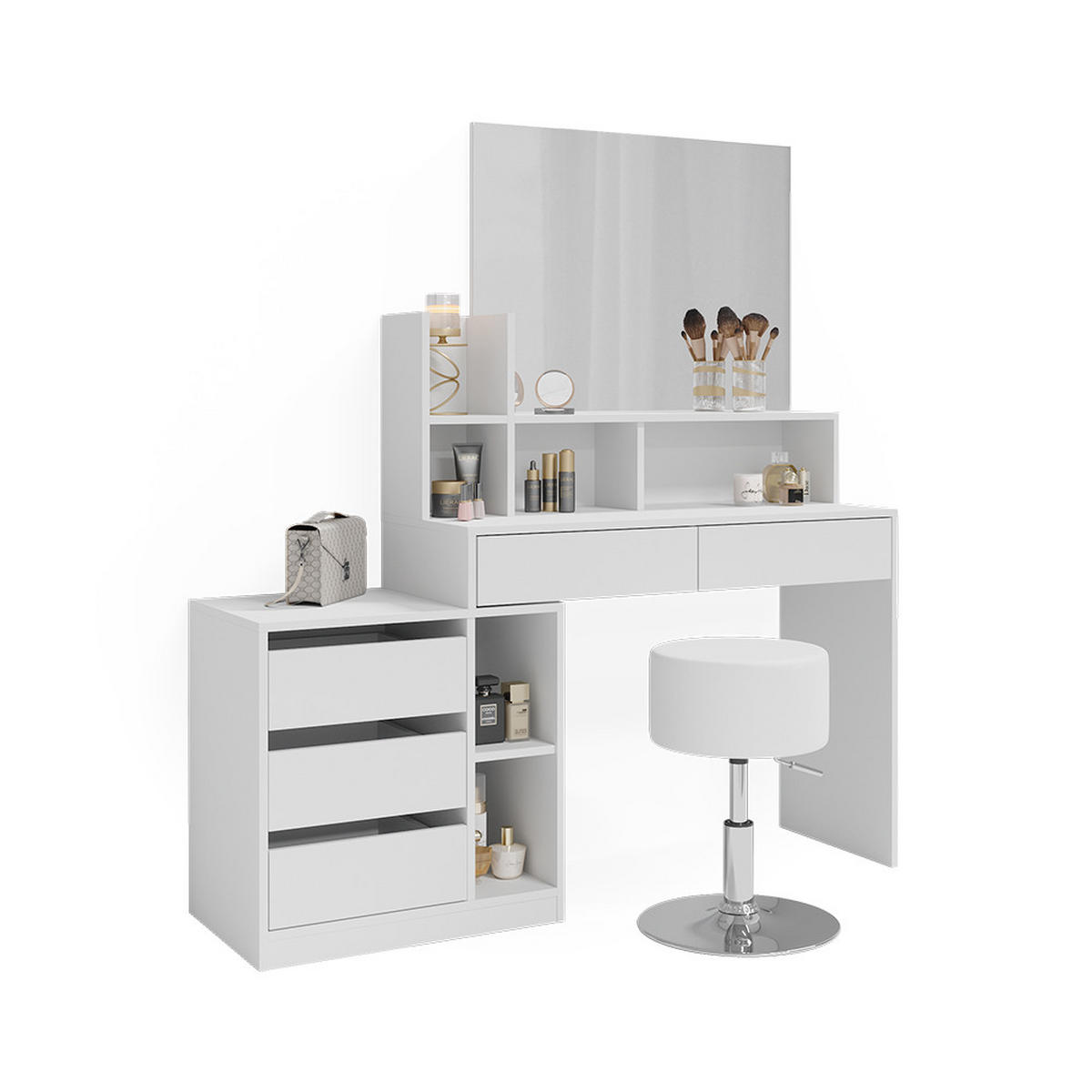 SCHMINKTISCH Anja Weiß 139.8 cm mit Hocker - Weiß, Holzwerkstoff (139.8/115/40cm) - Vicco