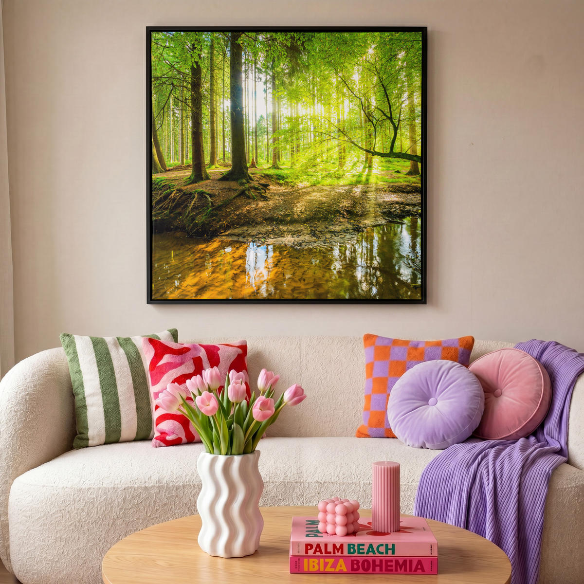 LEINWAND Bilder mit Rahmen - Wald - Landschaft - Wasser - Bäume - Sonne - Grün - Natur - 90x90 - Grün, Textil (90/90cm) - MuchoWow