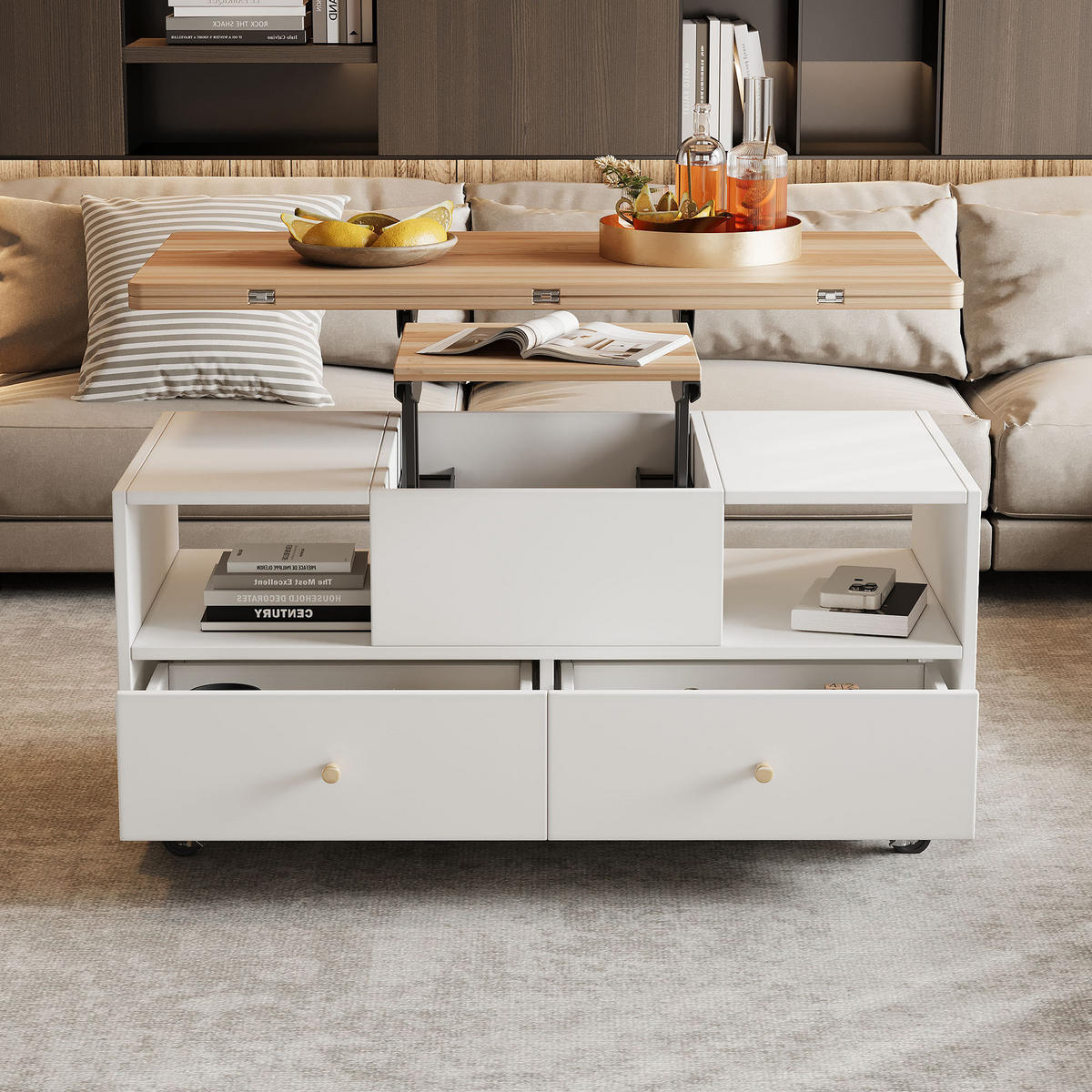 COUCHTISCH 100/50/47,5 cm mit klappbarer Oberfläche und 4 Schubladen, höhenverstellbar aus MDF in Holzfarbe - Naturfarben, Holzwerkstoff (100/50/47.5cm) - OKWISH