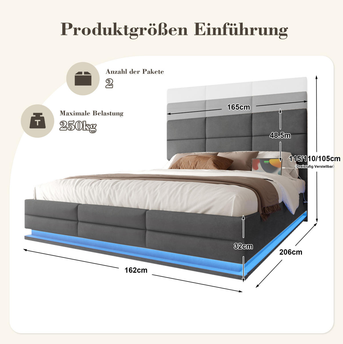 POLSTERBETT 160/200 cm aus Samt mit LED-Beleuchtung und Stauraum Dunkelgrau - Dunkelgrau, Textil (160/200cm) - Modenvie