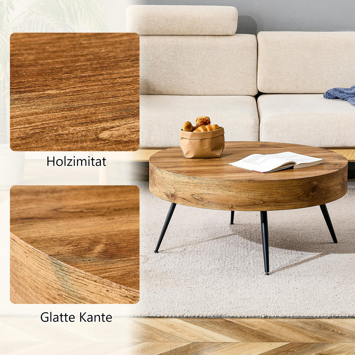 COUCHTISCH Holzoptik - Naturfarben, Metall (70/70/35.5cm)