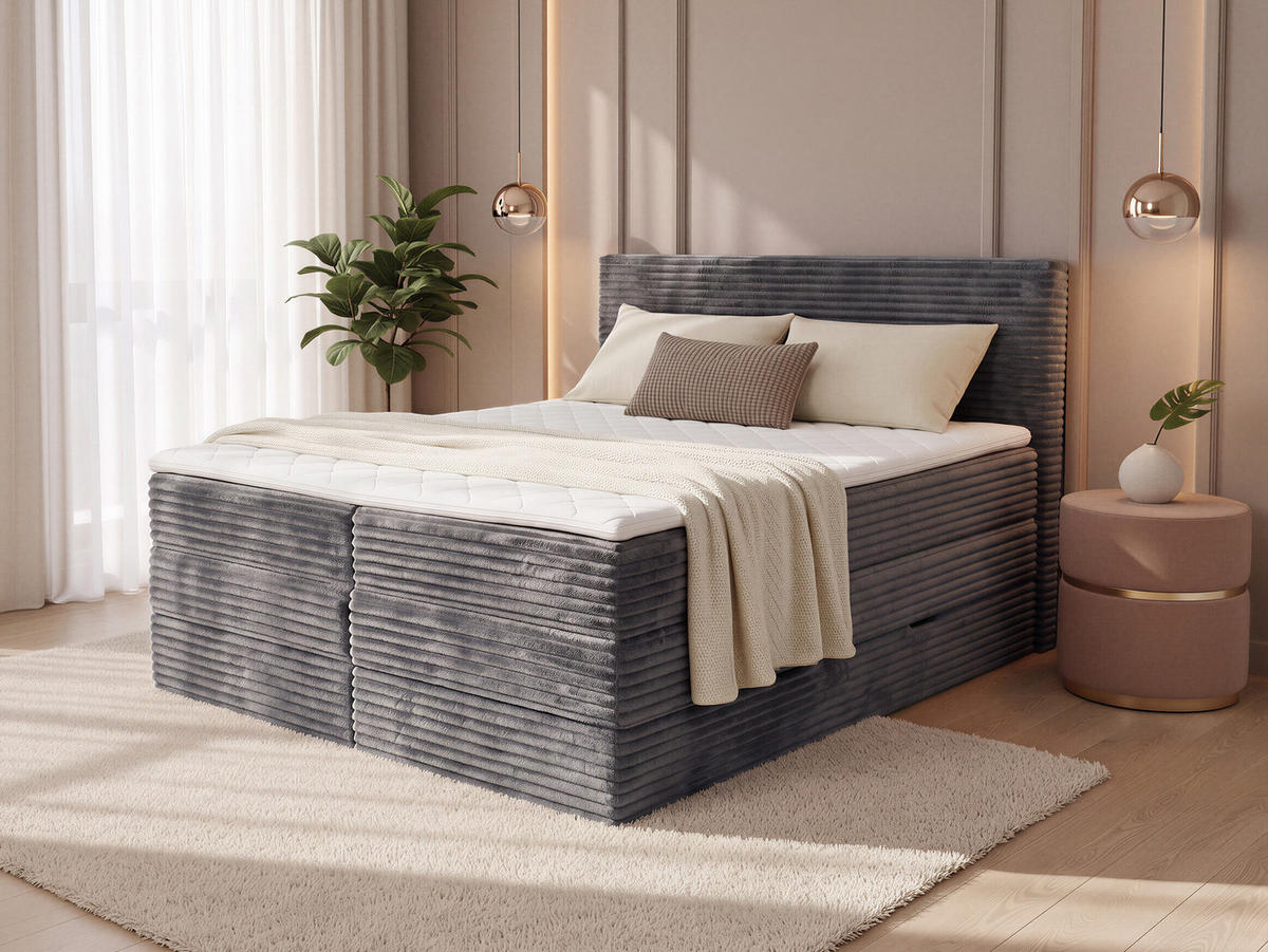 BOXSPRINGBETT Mollo Max - 180x200 - dunkelgrau (Tilia 90, Cord) - Dunkelgrau/Schwarz, Holz/Holzwerkstoff (180/200cm) - Sofnet