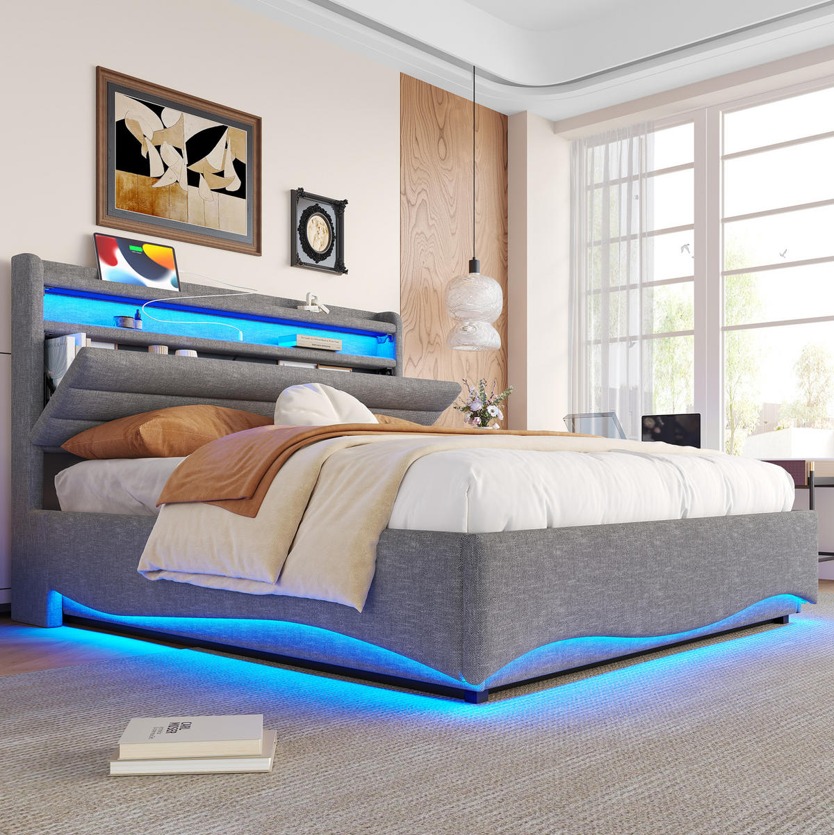 POLSTERBETT 140/200 cm beige aus Leinen mit LED und Stauraum - Beige, Textil (140/200cm) - OKWISH