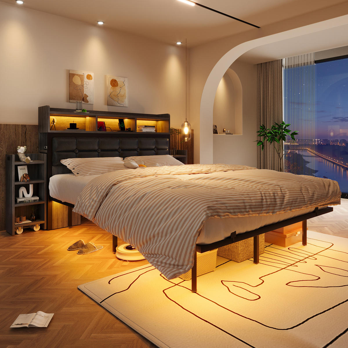 DOPPELBETT 140/190 cm Grau mit LED-Beleuchtung und USB-Ladefunktion aus Metall - Grau, Metall (140/190cm) - OKWISH