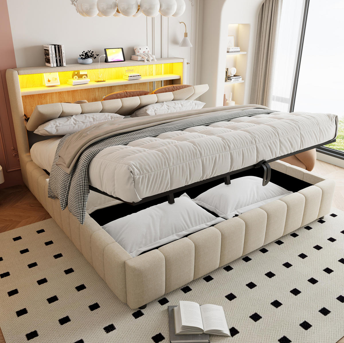 POLSTERBETT 180x200 cm in Beige mit Bettkasten, LED-Beleuchtung und USB-/USB-C-Anschlüssen - Beige, Textil (180/200cm) - IVMEU