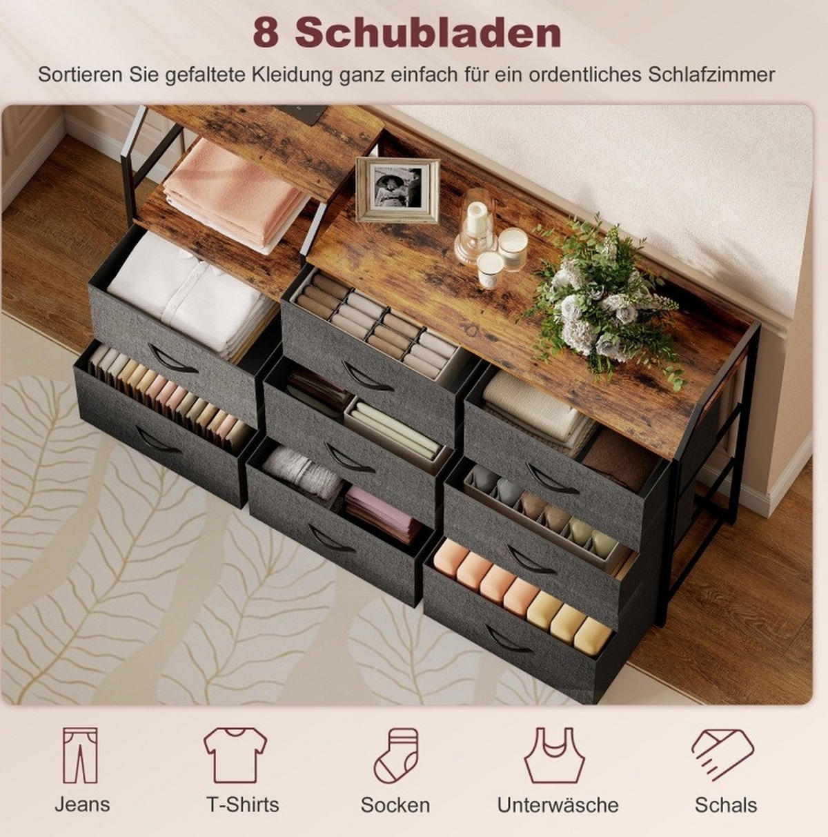 KOMMODE mit 8 Stoffschubladen, Ladestation, offenem Fach und Seitenhaken, Rustikalbraun/Schwarz - Schwarz, Textil (130.5/88/30cm) - Redom