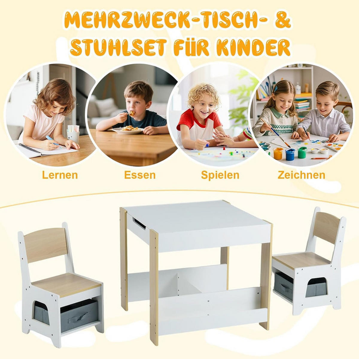 KINDERTISCH mit Stuhl natur(3-tlg) - Naturfarben, Holzwerkstoff (62/56.5/62cm) - COSTWAY