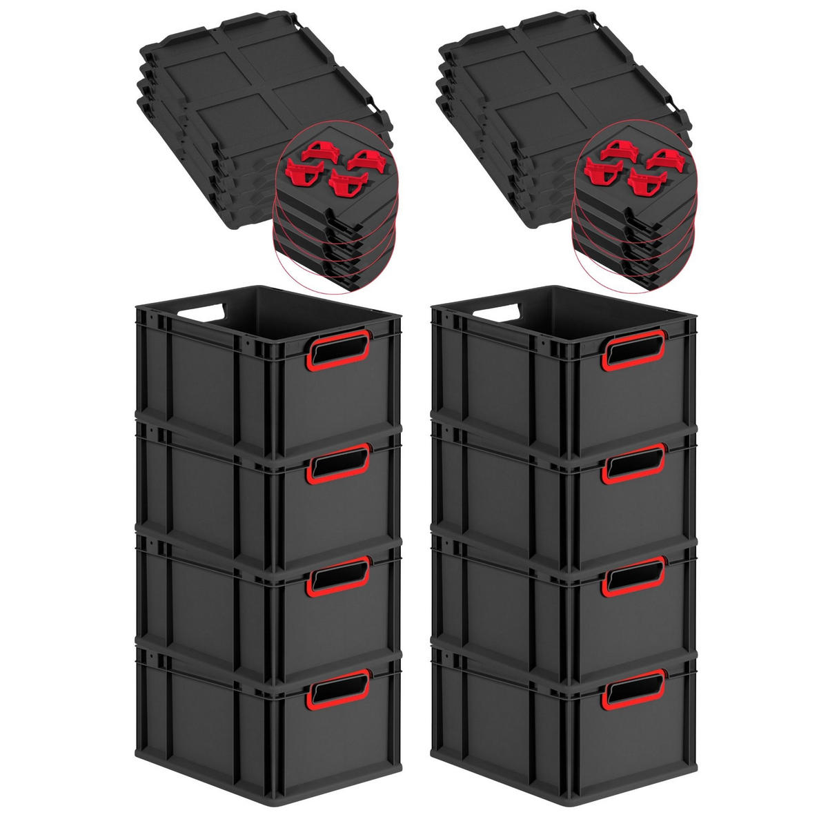 EUROBOX 8x NextGen Color mit Auflagedeckel 22x30x40 cm 20 Liter Schwarz Griffe rot offen - Rot/Schwarz, Kunststoff (30/22/40cm) - PROREGAL