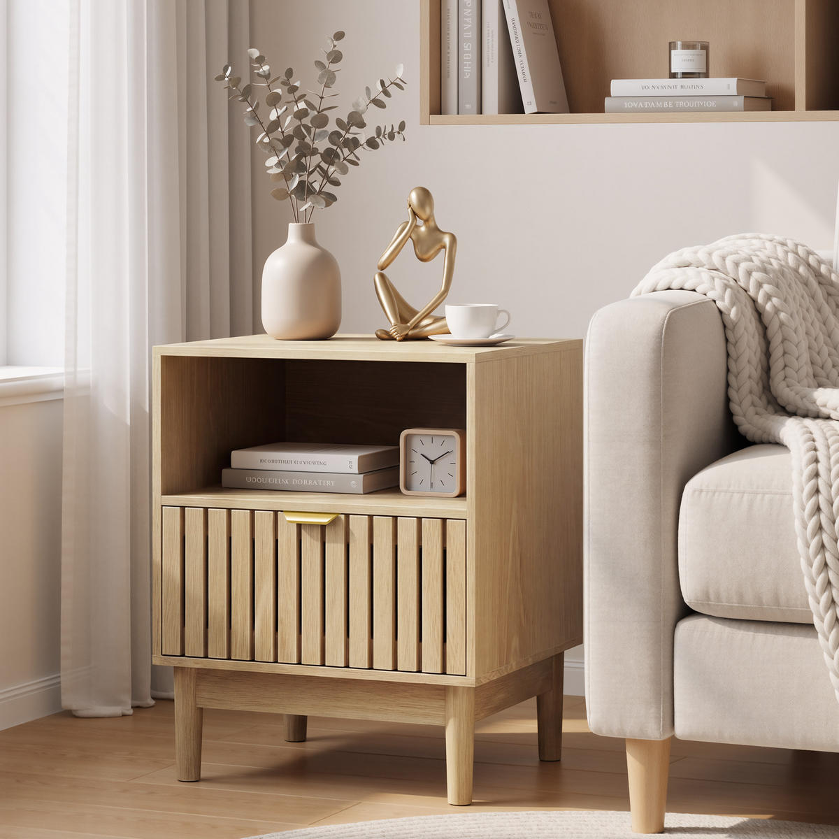 NACHTTISCH eichen-optik & latten-design mit 1 schublade & offenem fach - Eichefarben, Holzwerkstoff (45/56/39cm) - Urban Meuble